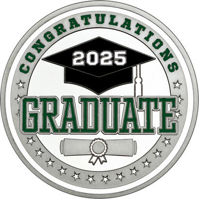 Dark Green "Congratulations Graduate" with White 2025, Rim, Tassel & Ribbon